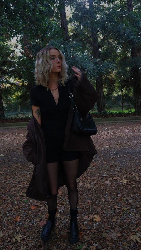 Black Jumpsuit Outfit With Jacket, Jumpsuit Outfit With Jacket, Fall Romper Outfit, Moody Outfit, Platform Boots Outfit, Black Jumpsuit Outfit, Black Fall Outfits, 2024 Wardrobe, Oversized Puffer Jacket