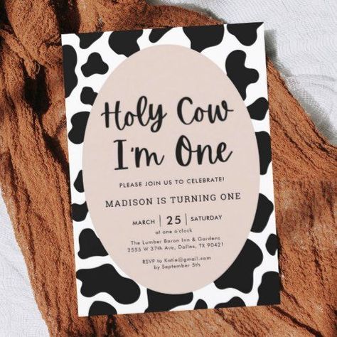 Holey Cow Im One Birthday, Cow Print Party Invitations, Holly Cow I’m One Party, Wholly Cow Im One, Cow Birthday Party Invitations, Cow Print Birthday Invitations, Holly Cow I’m One, Cow Print Birthday Ideas, One Year Old Cow Birthday Party