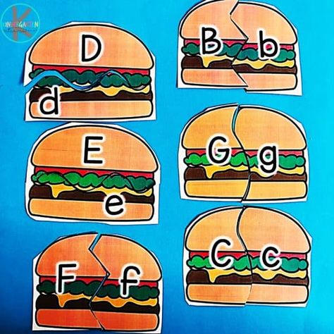 Hamburger Preschool Craft, Hot Dog Activities For Preschool, Preschool Picnic, Puzzles For Preschoolers, Kindergarten Summer Activities, Homeschool Summer, Letter Matching Game, Alphabet Letter Matching, Letter Recognition Games