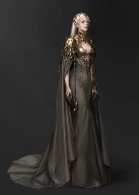 ArtStation - Trabajo personal_elfo oscuro_191105 Fantasy Art Dress, Dessin Game Of Thrones, Two And Half Men, Look Gatsby, Elven Queen, Fantasy Queen, Queen Outfits, Elf Dress, Female Elf