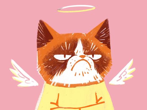 RIP Grumpy Cat by MUTI on Dribbble Gato Angel, F2 Savannah Cat, Cat Art Illustration, Cat Spray, Angel Cat, Vintage Drawing, Cat Facts, Cats Illustration, Grumpy Cat