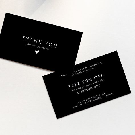 This chic black typography business thank you discount card makes the perfect packaging insert for a small business owner. The simple dark design features classic minimalist black and white typography with a stylish sophisticated feel. Customizable in any color. Customize with your coupon code. Thank Cards Business, Discount Card Ideas, Thank You For Your Business Card, Thank U Card Design, Discount Card Design Ideas, Coupon Card Design, Package Insert Ideas, Black Packaging Ideas, Thank You Cards For Business