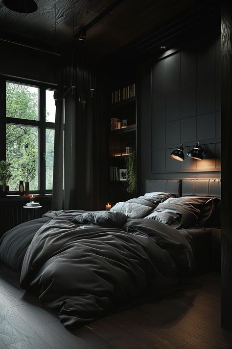 12 Dark Modern Bedroom Interior Ideas You Will Love! - My Decor Inspo Bedroom Black Asthetics, Dark Moody Small Apartment, Black Bedsheets Bedroom, Black House Bedroom, Scorpio Bedroom Aesthetic, Dark Minimal Bedroom, Dark Aesthetic House Interiors, Black Bedroom Ideas Elegant, Rich Bedroom Luxury Black