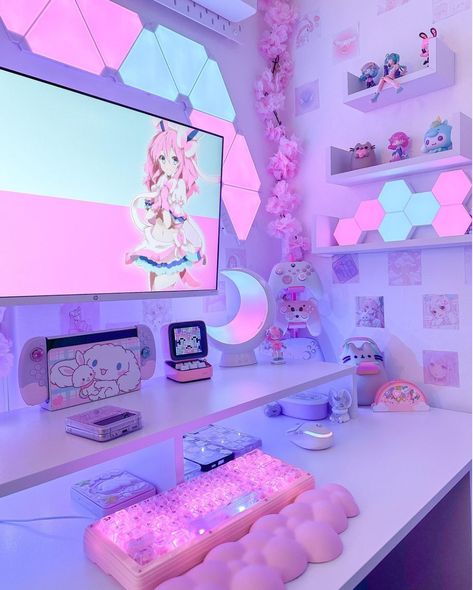 Kawaii Gaming Aesthetic, Aesthetic Wallpaper Ipad Pink, Pastel Iphone Wallpaper Aesthetic, Gamer Bedroom Aesthetic, Cute Gaming Room, Ipad Pink Aesthetic, Minimal Iphone Wallpaper Aesthetic, Pink Aesthetic Wallpaper Ipad, Pink Gaming Room