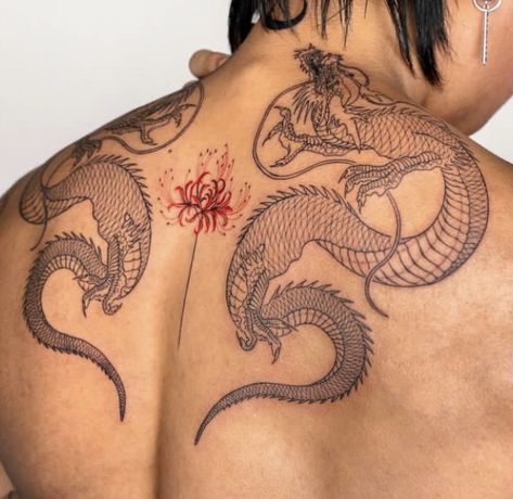 Dragon Tattoo Upper Back, Double Dragon Back Tattoo, Twin Dragon Tattoo, Chinese Dragon Back Tattoo, Chinese Dragon Fine Line Tattoo, Red Chinese Dragon Tattoo On Back, Chalk Ideas, Dragon Tattoo, Chalk