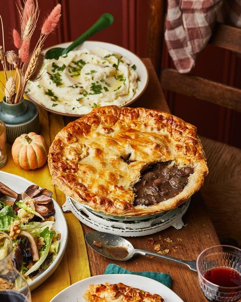 As the weather has taken a sharp swerve into Autumn, I feel it’s time to go ALL IN on the cosy; I’m talking layers, I’m talking fireside books, I’m talking PIE. This comforting harvest menu, featuring a roasted cauliflower and chestnut soup (with a blue cheese sodabread!), rich and flaky venison pie, and a decadent flourless chocolate cake with fruit compote, is the perfect thing to celebrate the change of season. Loved shooting these with the talented team: Recipes and food styling: @mei... Chocolate Cake With Fruit, Venison Pie, Harvest Menu, Chestnut Soup, Banana Crumble, Stewing Steak, Mashed Squash, Cake With Fruit, Chocolate Fruit Cake