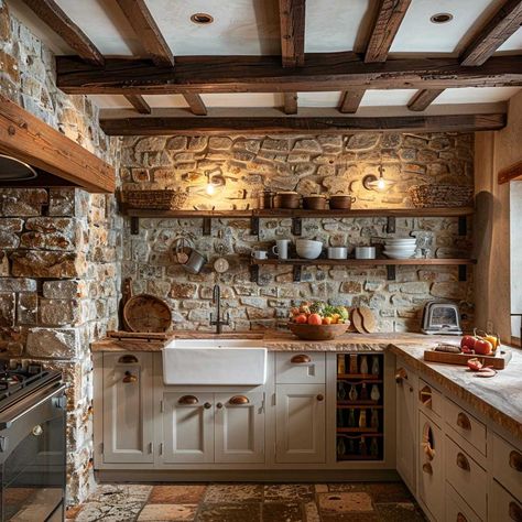 5+ Timeless Kitchen Backsplash Tile Ideas in Brown • 333+ Art Images Austin Stone Backsplash, English Cottage Kitchen Backsplash, Cottagecore Kitchen Backsplash, Cobblestone Backsplash, Kitchen With Stone Wall, Stone Cottage Kitchen, Kitchen With Stone Backsplash, Rustic Kitchen Backsplash Ideas, Tile Backsplash Kitchen Ideas