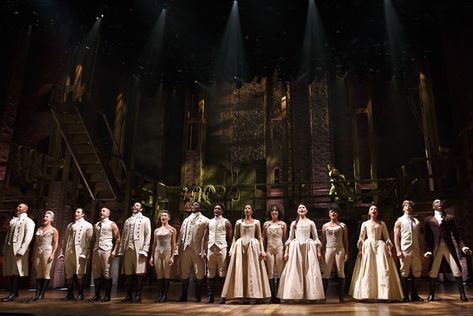 Hamilton: scenic design by David Korins, costume design by Paul Tazewell, lighting design by Howell Binkley Hamilton Costume, Hamilton Tickets, Renée Elise Goldsberry, Cast Of Hamilton, Leslie Odom, Hamilton Broadway, Tony Award, Hamilton Musical, Originals Cast