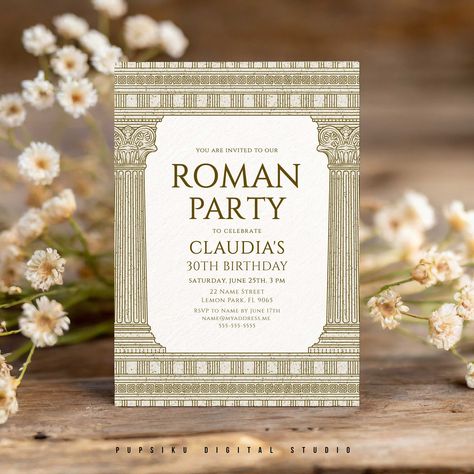 Roman Toga Party Invitation, 5x7 Editable File with Temple Columns, Costume Party, Ancient Greece Rome Birthday, Instant Corjl Template 031C Roman Toga, Toga Party, You Are Invited, Ancient Greece, 30th Birthday, Photo Lab, Costume Party, Save The Date, Party Invitations