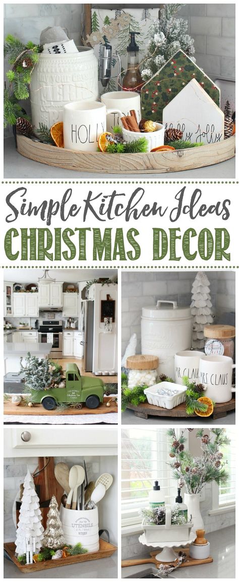 Christmas Tray Decor Kitchen, Christmas Kitchen Ideas Farmhouse, Christmas Decor For The Kitchen, Christmas Buffet Decorating Ideas, Farmhouse Christmas Island Decor, Christmas Decor Pictures, Island Centerpiece Ideas Christmas, Christmas Decor Ideas For Counter Tops, Christmas Decor Ideas Counter Top