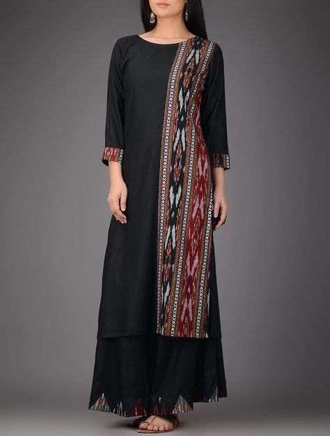 Buy Black Red Ivory Ikat Cotton Silk Kurta Women Kurtas Online at Jaypore.com Kurta Women, Silk Kurti Designs, Tenun Ikat, Designer Kurti Patterns, Salwar Designs, Long Kurti Designs, Kurta Neck Design, Cotton Kurti Designs, Salwar Kamiz