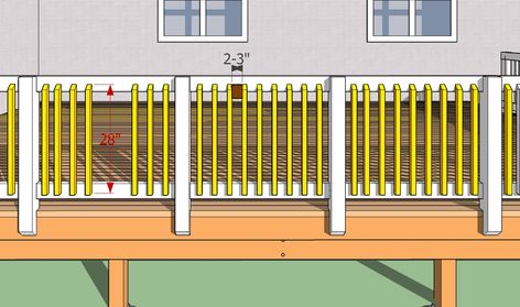 Fitting the balusters Building Deck Railing, Building A Deck Frame, Wood Porch Railings, Porch Balusters, Building Deck, Deck Balusters, Deck Repair, Deck Framing, Modern Deck