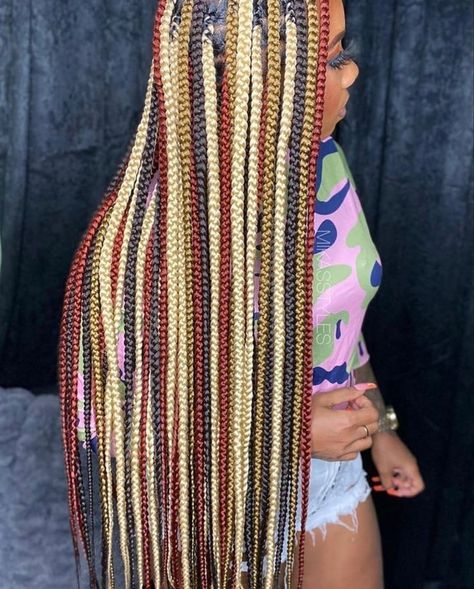 Box Braids With Streaks Of Color, Plaits With Color For Black Women, Colorful Knotless Braids For Black Women, Box Braid With Color, Three Color Braids, Tricolor Braids, Braids With Two Colors, Knotless Color Ideas, 3 Color Braids