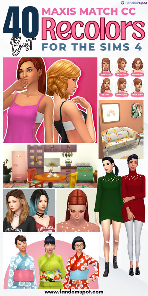 Add these cute recolored objects & outfits into your next TS4 session! This list includes all maxis match design (obviously) with CC that's base-game compatible and a few from expansion packs. Sims 4 Maxis Match Recolor, Sims 4 Functional Cc Maxis Match, Sims 4 Recolors Base Game, Sims 4 Base Game Recolor, Sims 4 Cc Recolor, Unnatural Hair Color, Maxis Match Cc, Match Design, For The Record