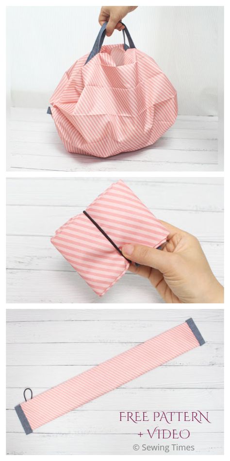 DIY Fabric Compact Shopping Bag Free Sewing Pattern + Video Bag Free Sewing Pattern, Fabric Art Diy, Sewing Tutorials Bags, Diy Bag Designs, Bag Pattern Free, Free Sewing Pattern, Sew Ins, Sewing Tutorials Free, Diy Purse