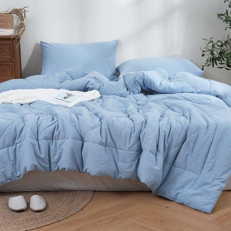 PRICES MAY VARY. Comfortable and Soft Material: ATsense light blue comforter set queen is made of 100% washed cotton fabric for a breathable and moisture-absorbing, and this comforter set filled with ultra-soft microfiber, cozy and warm suitable for all-season, keeps you cool in the summer, dry and warm in the winter. Detail Design: Light blue comforter queen designed with a simple & stylish look for any bedroom or guest room. Atsense queen size comforter set is a great gift idea for men and women at the special festival, such as housewarming, Christmas, Thanksgiving, and birthdays. Built to Last: Our blue comforter set are carefully crafted with box stitching, keep filling well-distributed, and prevent shifting and bunching. The queen comforter set can be used as a duvet insert with 4 cor Light Blue Comforter, Light Blue Bedding, Queen Size Comforter Sets, Blue Comforter Sets, Blue Bedding Sets, Queen Size Comforter, Bed Comforter Sets, Warm Bed, Queen Comforter Sets