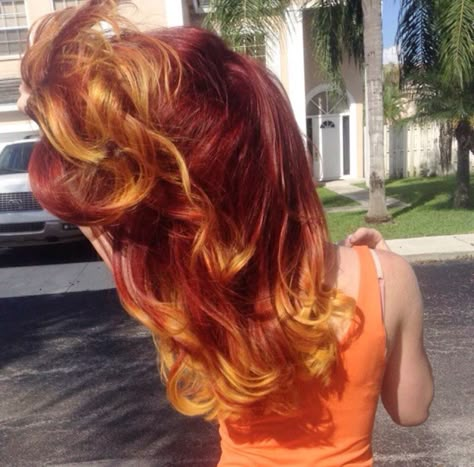 Cute red and yellow hair Flame Underdye Hair, Sunset Shimmer Cosplay, Sunset Shimmer Aesthetic, Calcifer Cosplay, Red Yellow Hair, Red And Yellow Hair, Orange And Yellow Hair, Red And Orange Hair, Sunrise Hair