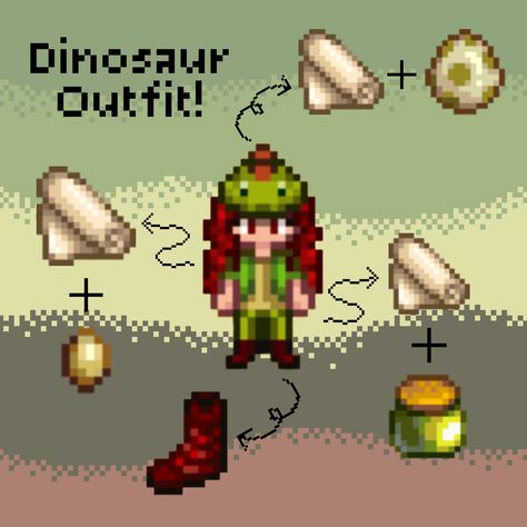 Dinosaur Outfit! Cute Stardew Valley Outfits Ideas, Stardew Clothes Recipes, Stardew Valley Outfit Ideas Male, Stardew Valley Clothes Guide Ideas, Stardew Valley Dinosaur, Stardew Valley Outfit Ideas No Mod, Stardew Valley Clothes Ideas, Stardew Valley Wedding Dress, Stardew Valley Wedding