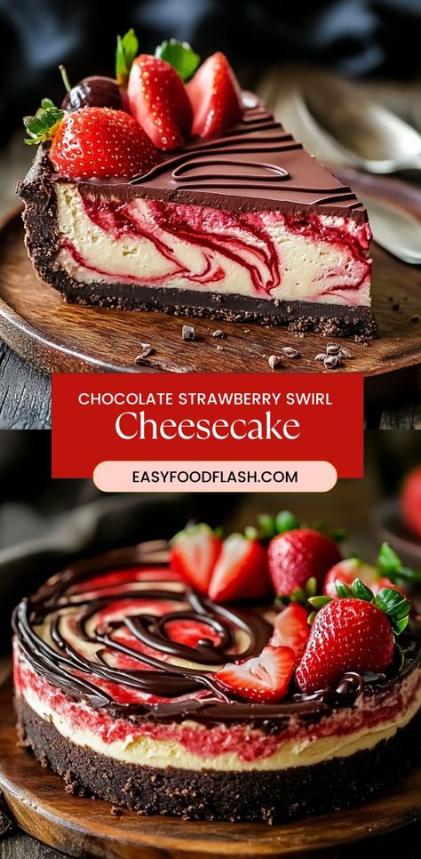 Chocolate Strawberry Swirl Cheesecake is a decadent dessert that combines the best of chocolate and strawberry flavors. With a rich chocolate cookie crust, a creamy cheesecake filling, and a beautiful swirl of chocolate and fresh strawberries, this cheesecake is perfect for any special occasion or a sweet indulgence. Topped with a glossy chocolate ganache and fresh strawberries, this treat is a showstopper that will impress your guests and leave them asking for more. Desserts With Strawberries And Chocolate, Cheesecake Stuffed With Chocolate Covered Strawberry, Beginner Cheesecake Recipe, Cheesecake Stuffed Chocolate Covered Strawberries, Chocolate Cheesecake Strawberries, No Bake Chocolate Strawberry Cheesecake, Layered Cheesecake Cake, Strawberry Cheesecake Recipe Baked, Maraschino Cherry Cheesecake