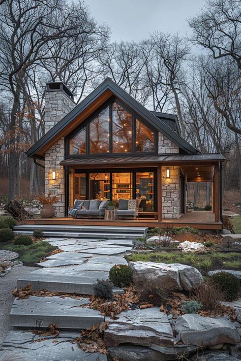 16 Unique Modern Tiny House Ideas to Inspire 19 Tiny Cabin Exterior Ideas, Loft Cottage Plans, A Frame Stone House, Land For House, Lake House Addition Ideas, Tiny Vacation Homes, Small A Frame House Interior, Chalet Style Homes Floor Plans, Cozy Homes Exterior