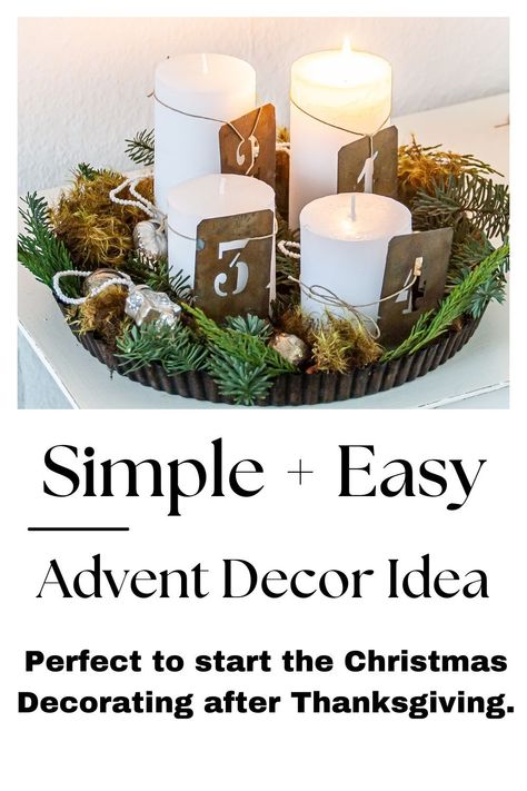 Simple Advent decoration. Last minute Holiday decorating. Perfect four candle Advent decor ready in 15 minutes. Quick and easy Advent decoration. Advent wreath alternative. Christmas Advent Candles, Simple Advent Wreath, Easy Advent Wreath, Advent Decor, Advent Candles Ideas Diy, Advent Candles Ideas, Minimalistic Advent Wreath, Advent Wreath Candle, Christmas Advent Candle Wreath