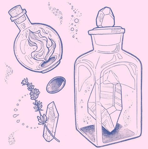 Cunning Folk, Witch Bottle, Witch Drawing, Witch Bottles, Crystal Drawing, Bottle Tattoo, Bottle Drawing, Crystal Aesthetic, Witch Art