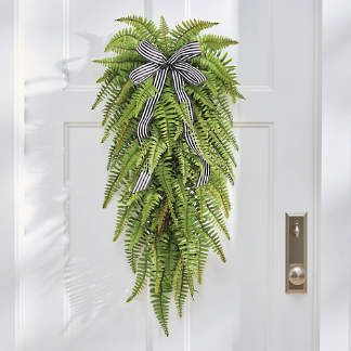 Classic Fern Door Swag with Ribbon French Country Front Porch, Wreath Alternative, Happy Easter Wishes, Black And White Ribbon, Front Porch Christmas Decor Ideas, Porch Christmas Decor Ideas, Door Swag, Porch Christmas Decor, Front Porch Christmas