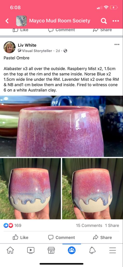 Unicorn Glaze Pottery, Pink Glaze Combinations For Pottery, Mayco Raspberry Mist Combinations, Functional Pottery Creative, Raspberry Mist Glaze Combinations, Raspberry Mist Glaze, Glaze Recipes Ceramics, Mayco Stoneware Glaze Combinations, Pink Glaze Recipe