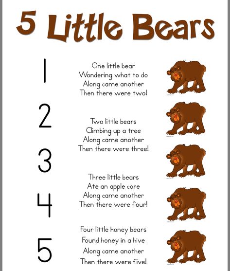 5 Little Bears poem Winter Fingerplays, Hibernation Crafts, Bear Activities, Bears Preschool, Bear Cave, Bear Songs, Circle Time Songs, Preschool Winter, Kindergarten Songs