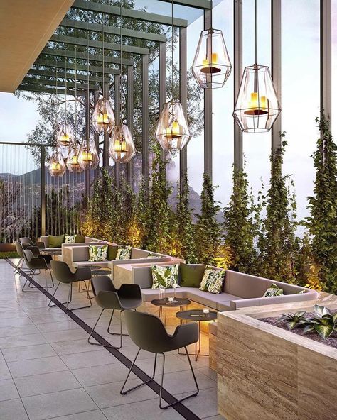 Image may contain: table Restaurant Patio Design, Container Resort, Interior Design Nature, Glass Green House, Restaurant Terrace, Outdoor Restaurant Patio, Glass Restaurant, Restaurant Design Inspiration, Modern Restaurant Design