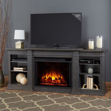 Eliot 81" Grand Antique Grey TV Stand Electric Fireplace by Real Flame - Bed Bath & Beyond - 12452821 Oversized Fireplace, Wood Electric Fireplace, Gray Tv Stand, Electric Fireplace Media, Media Electric Fireplace, Electric Fireplace Living Room, Fireplace & Wood Stove Accessories, Electric Fireplace Tv, Grey Tv Stand