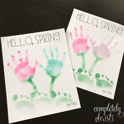 Hello Spring Preschool Activities, Spring Flower Handprint Craft, First Day Of Spring Toddler Craft, Spring Crafts Handprint, Spring Handprint Art Preschool, Hello Spring Crafts For Toddlers, April Artwork For Infants, April Craft For Toddler, Spring Hand And Footprint Crafts