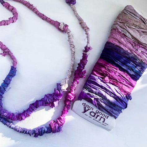 How To Make a Wrapped Sari Ribbon Necklace – Darn Good Yarn Yarn Crystal Necklace, Ladder Ribbon Necklace Pattern, Silk Yarn Projects, Ribbon Yarn Scarf, Trellis Yarn Necklace Pattern, Sari Ribbon Jewelry Silk Wrap, Silk Ribbon Necklace, Yarn Ribbon And Thread, Recycled Sari Silk Yarn