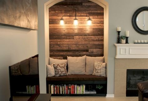 Before & After: A Perfect Solution for an Empty Alcove Plank Fireplace, Tv Nook Makeover, Planked Walls, Wall Nook, Tv Nook, Nook Bench, Sleeping Nook, Rustic Bookshelf, Lighthouse Decor