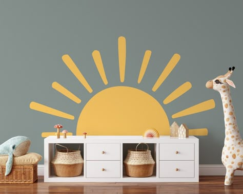 Sun Behind Crib, Yellow Sun Nursery, Sunshine Wall Painting, Sun Nursery Wall, Painted Sun On Wall, Half Sun Painting, Sunshine Toddler Room, Sun Mural Wall, Sunshine Wall Mural