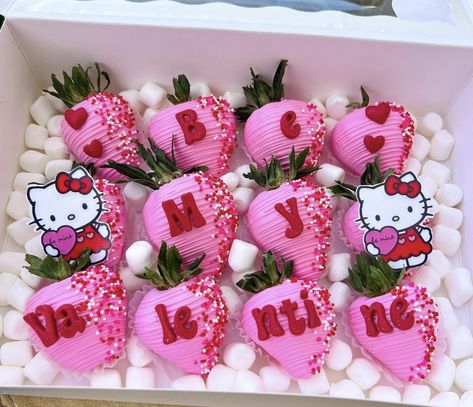 Hello kitty theme Hello Kitty Dipped Strawberries, Valentines Dipped Treats, Valentines Day Strawberry Box Ideas, Valentine’s Day Strawberry Ideas, Be My Valentine Strawberries, Valentine’s Day Strawberry Boxes, Hello Kitty Chocolate Strawberries, Valentines Berries, Vday Strawberries