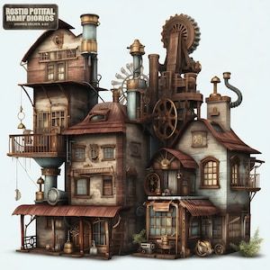 Steampunk House Concept Art, Steampunk Building, Houses Clipart, Steampunk Kunst, Steampunk Ship, Minecraft Steampunk, Steampunk City, Steampunk Aesthetic, Steampunk House