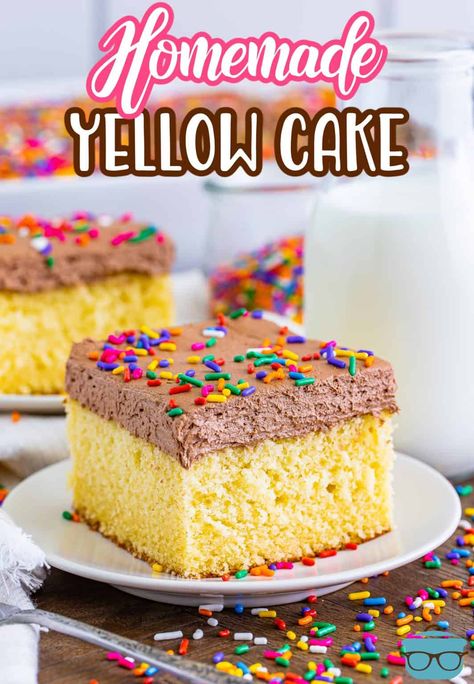 Homemade Yellow Cake - The Country Cook Busy Day Cake Recipe, Scratch Yellow Cake Recipe, Homemade Yellow Cake, Yellow Cake Mix Recipes, Homemade Chocolate Frosting, Yellow Cake Recipe, Cinnamon Roll Cake, Cake Recipes From Scratch, Go The Extra Mile