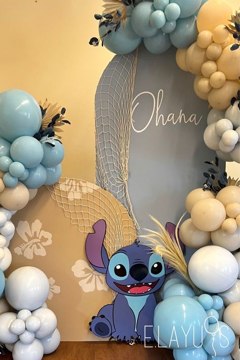 Lilo and Stitch Baby Shower, Lilo and Stitch Birthday Lilo And Stitch Birthday Party Balloons, Lilo And Stitch Backdrop Ideas, Stitch First Birthday Theme, Ohana Adoption Party, Stitch Backdrop Ideas, Stitch Slumber Party Ideas, Baby Shower Stitch Theme, Lilo And Stitch Theme Party, Gender Reveal Lilo And Stitch