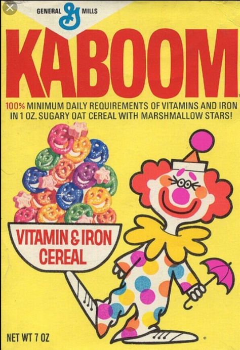 Kaboom Clown General Mills Cereal - Kaboom was the name of a vitamin-fortified, circus-themed breakfast cereal produced by General Mills, which contained oat cereal bits shaped like smiling clown faces and marshmallow bears, lions, elephants, and stars. Its mascot was a smiling circus clown. It originated in 1969. Kaboom Cereal, 70s Food, Vintage Cereal, Procter And Gamble, Bowl Of Cereal, General Mills, Cereal Boxes, Good Ole Days, A Clown