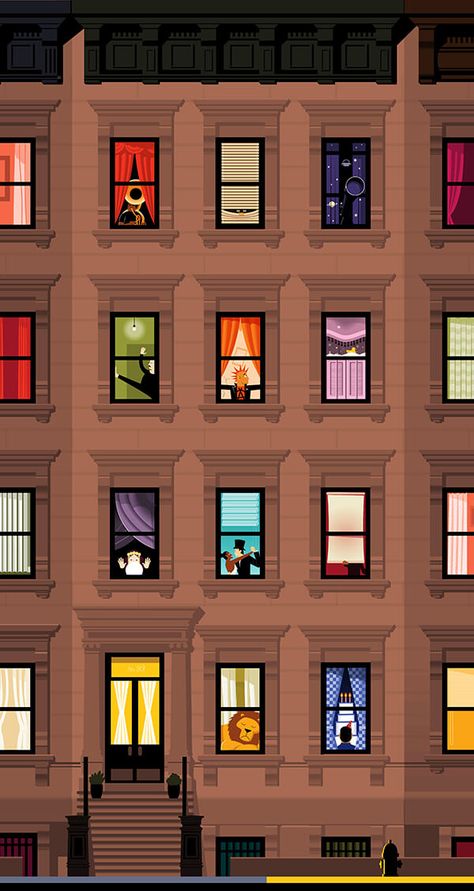 New York Art Wallpaper, City Window Drawing, Apartment Window Drawing, Illustration Wallpaper Iphone, New York Illustration Wallpaper, Windows Illustration, New York Street Illustration, Curtain Illustration, Wall Illustration