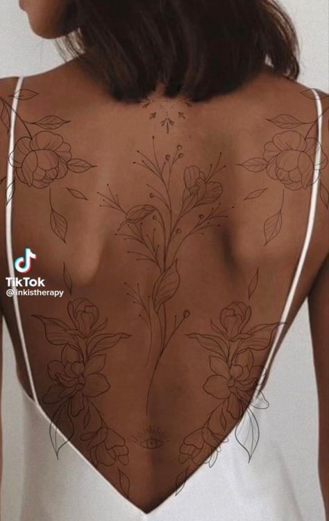 Fine Line Floral Back Tattoo Women, Dainty Full Back Tattoo, Woman Upper Back Tattoo, Large Floral Back Tattoo, Back Tattoo Symmetrical, Fineline Back Tattoo Women, Women Back Tattoos Full, Woman’s Back Tattoo, Flower Back Tattoo Women