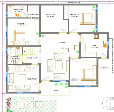 50' x 50', 3 Bedrooms Floor Plan. 10 Marla 50x50 House Plans, 10 Marla House Plan, 3 Bedroom Floor Plan, Bedroom Floor Plans, Bedroom Flooring, House Plan, Floor Plan, House Plans, Floor Plans