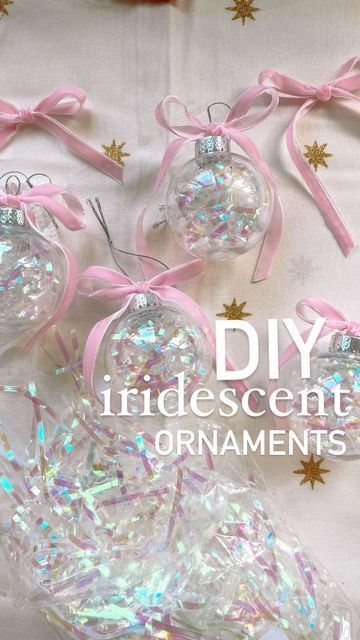 Andrea Clawson on Instagram: "DIY iridescent ornaments ✨ Easiest + affordable way to turn these @dollartree plastic ornaments into the prettiest iridescent ornaments for your tree. I found the iridescent crinkle paper for 1$ in the target dollar spot area and added it to the small ornaments found at dollartree (2pack for 1.25$) And I’m loving all the velvet accents this Christmas so a velvet ribbon is a must 😍 save + share with friends 🥰 Follow @stayathomecircus for more easy + festive ideas for busy moms Ideas: • Make these for yourself or give them as gifts • add a photo inside to make a keepsake ornament #targetdollarspot #targetbullseyesplayground #craftymom #craftymama #targetdollarspot #dollartree #dollartreefinds #dollartreediy #dollartreeobsessed #dollartreecommunity #