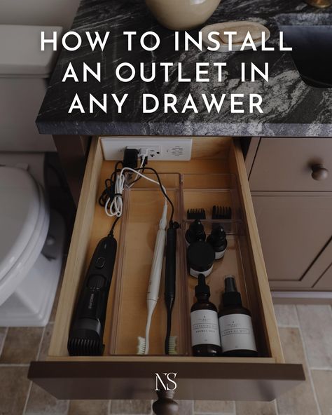 How to hide cords and chargers in a bathroom vanity with a hidden electrical outlet. #ad Learn how to easily install an in-drawer outlet. The Docking Drawer Blade outlet can be used in a bathroom, kitchen, mudroom, or any drawer to help drawer organization. #dockingdrawerpartner #smartorganization #draweroutlet #hiddenoutlet #vanityoutlet #vanityhack Vanity With Electrical Outlet, Bathroom Drawer With Electrical Outlet, Bathroom Vanity Outlets, Hide Electric Toothbrush On Counter, Hidden Outlets In Bathroom, Bathroom Docking Drawer, Docking Drawer Bathroom, Vanity Outlet Placement, How To Hide Electric Toothbrush