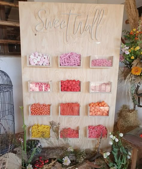 How To Build Candy Cart, Trending Wedding Decor 2024, Sweet Stand Ideas, Treat Wall Backdrop, Candy Stand Ideas Display, Candy Station Ideas Birthday Party, Candy Bar Ideas Birthday, Candy Wall Display, Diy Candy Wall