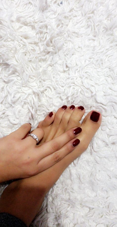 Manicure and pedicure Engagement Pedicure, Natural Manicure And Pedicure, Matching Manicure Pedicure Ideas, Classic Pedicure Colors, Red Nails Feet Pedicures, February Pedicure, Cherry Red Toenails, Pedicure Color Vino, Old Money Pedicure