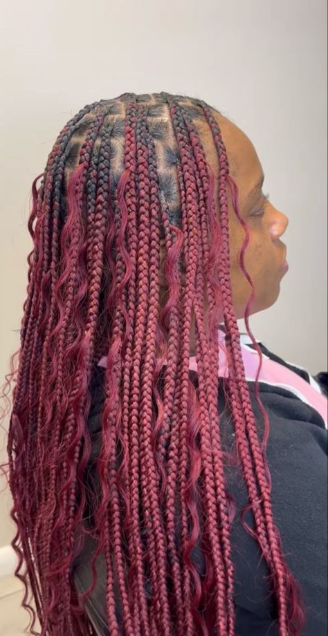 Eye-Catching Cherry Red Hair Ideas for Every Mood Light Skin With Burgundy Hair, Pink And Red Peekaboo Braids, Boho Knotless Braids Burgundy, Burgundy Knotless Braids With Curly Ends, Knotless Red Box Braids, Burgandy Braids For Black Women, Wine Braids Hairstyles, Maroon Braids For Black Women, Burgundy Boho Knotless