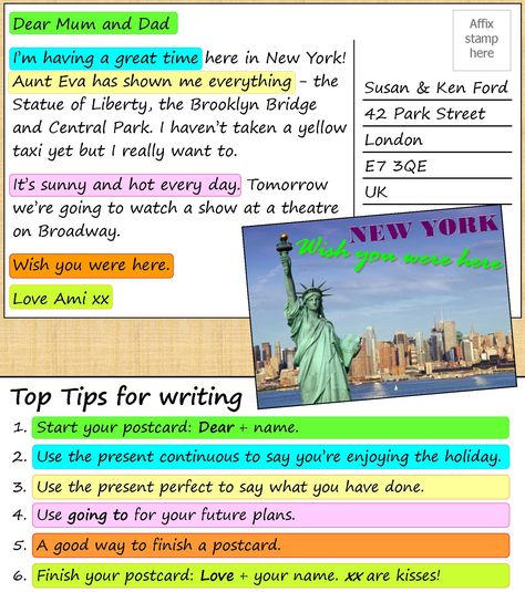 A postcard from New York How To Write A Postcard, What To Write On A Postcard, Postcard Writing Ideas, Postcard Examples, Reflective Essay Examples, Postcard Writing, Writing Postcards, Informal Letter, Macbeth Quotes