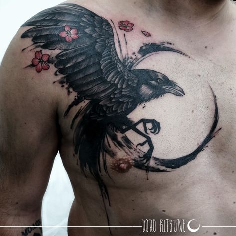 Crow With Moon Tattoo, Crow Chest Tattoo For Men, Raven Tattoo Men Chest, Raven Tattoo For Men, Three Eyed Raven Tattoo, Raven Tattoo Chest, Crow Chest Tattoo, Raven Shoulder Tattoo, Raven Chest Tattoo